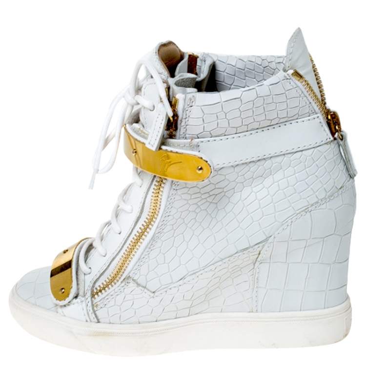 Pre Owned Giuseppe Zanotti White Croc Embossed Leather High Top Wedge Sneakers Size 38