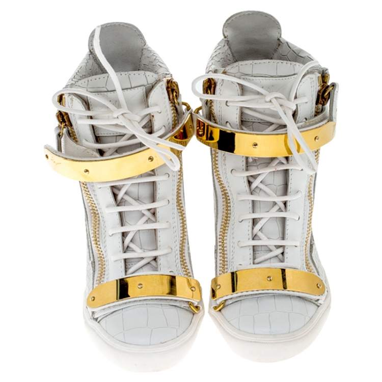 Pre Owned Giuseppe Zanotti White Croc Embossed Leather High Top Wedge Sneakers Size 38
