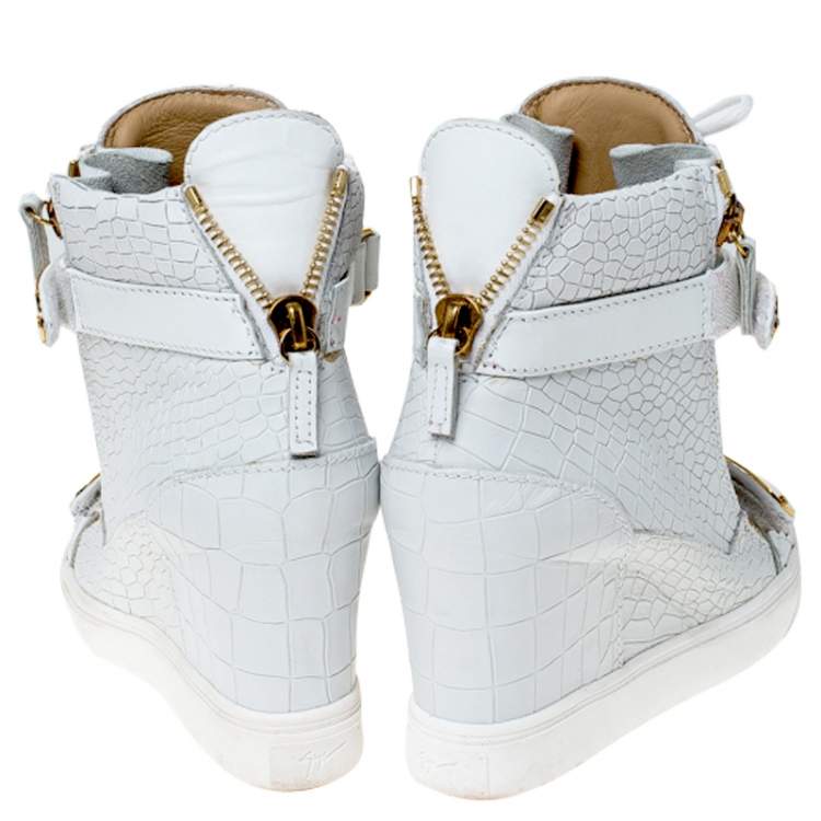 Pre Owned Giuseppe Zanotti White Croc Embossed Leather High Top Wedge Sneakers Size 38
