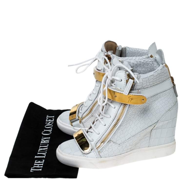 Pre Owned Giuseppe Zanotti White Croc Embossed Leather High Top Wedge Sneakers Size 38