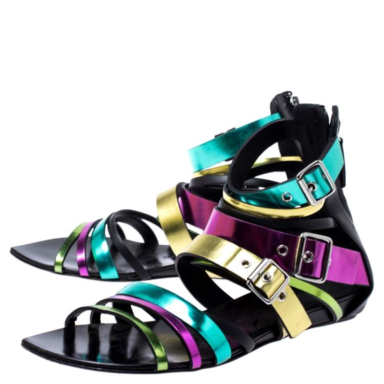 Pre Owned Giuseppe Zanotti Multicolor Leather Gladiator Flat Sandals Size 40