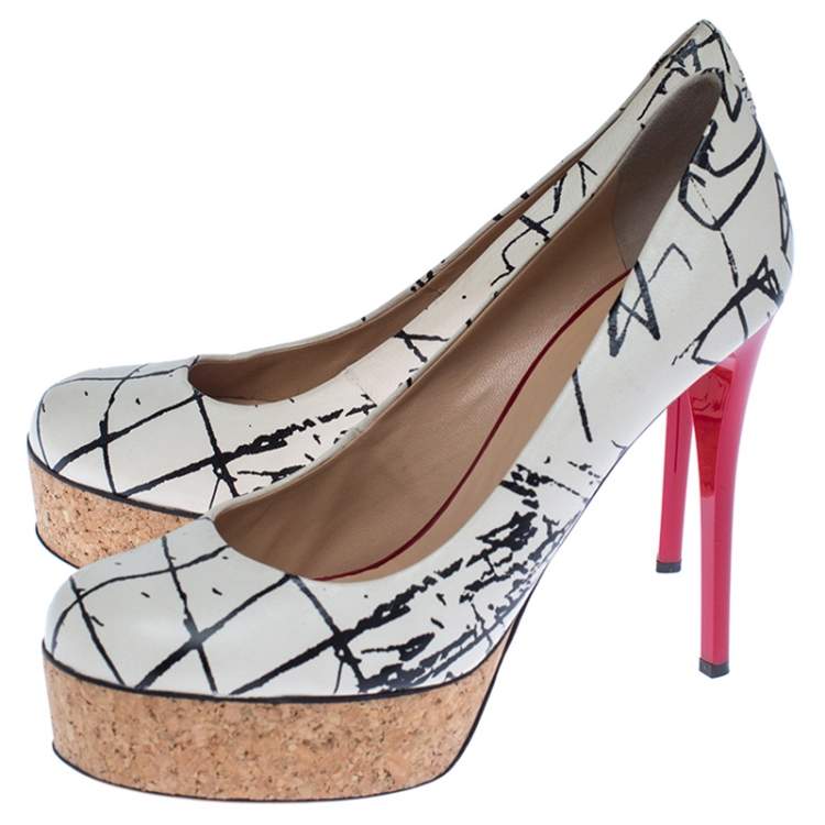 Pre Owned Giuseppe Zanotti White Printed Leather Cork Platform Pumps Size 38.5