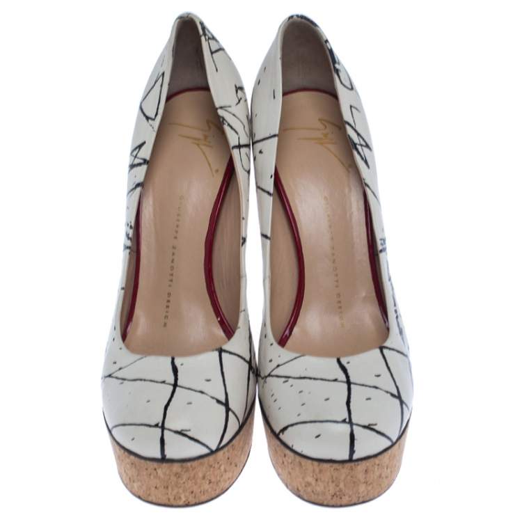 Pre Owned Giuseppe Zanotti White Printed Leather Cork Platform Pumps Size 38.5