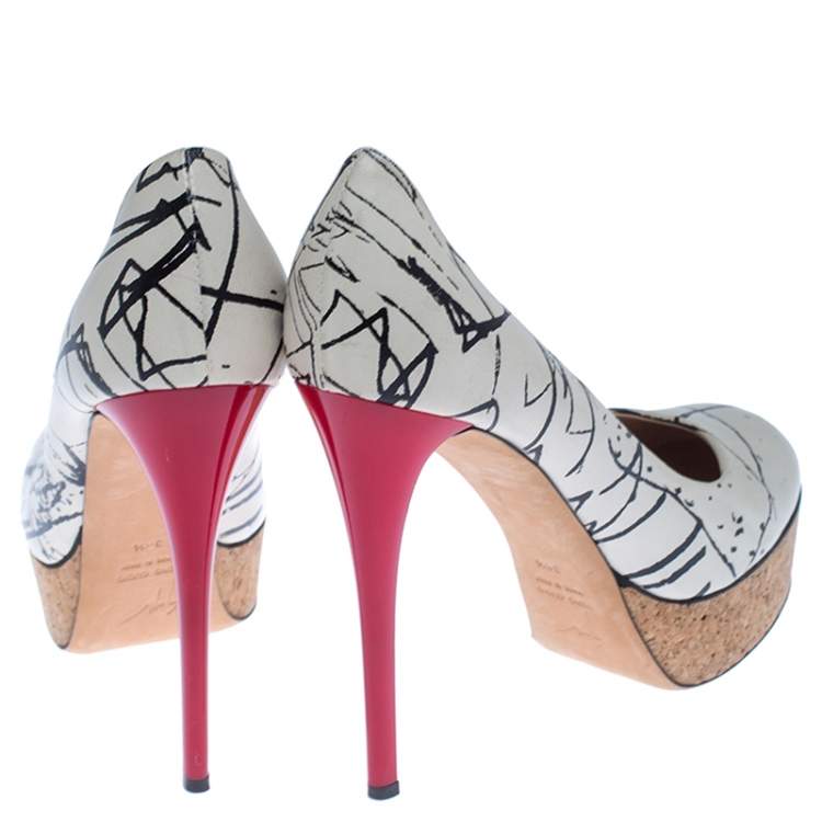 Pre Owned Giuseppe Zanotti White Printed Leather Cork Platform Pumps Size 38.5