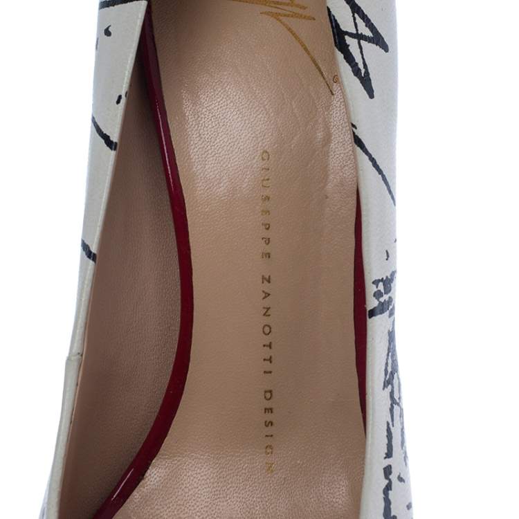 Pre Owned Giuseppe Zanotti White Printed Leather Cork Platform Pumps Size 38.5