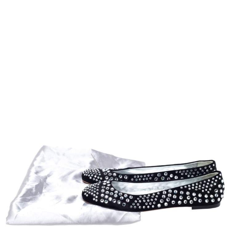 Pre Owned Giuseppe Zanotti Black Leather Crystal Studded Ballet Flats Size 38.5