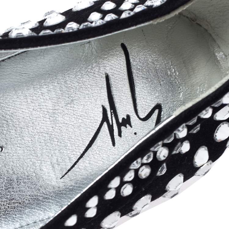 Pre Owned Giuseppe Zanotti Black Leather Crystal Studded Ballet Flats Size 38.5
