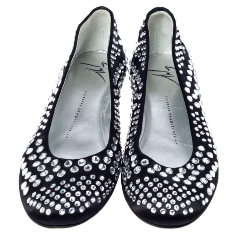 Pre Owned Giuseppe Zanotti Black Leather Crystal Studded Ballet Flats Size 38.5