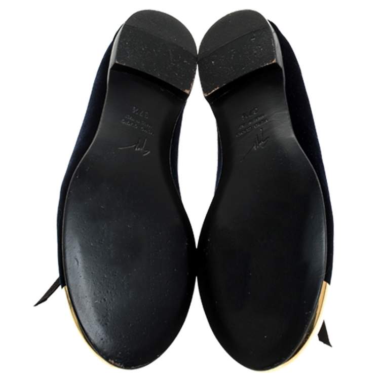 Pre Owned Giuseppe Zanotti Blue Velvet Gold Tone Cap Toe Oxford Flats Size 37.5
