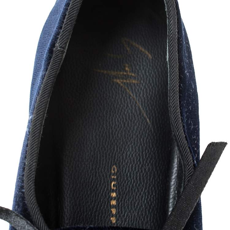 Pre Owned Giuseppe Zanotti Blue Velvet Gold Tone Cap Toe Oxford Flats Size 37.5