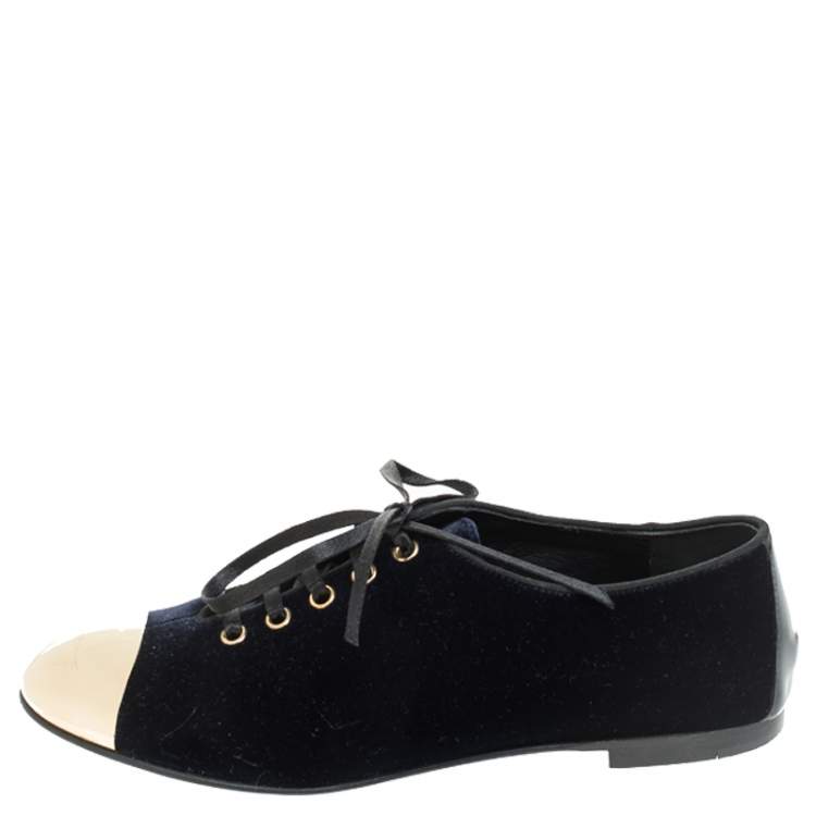 Pre Owned Giuseppe Zanotti Blue Velvet Gold Tone Cap Toe Oxford Flats Size 37.5