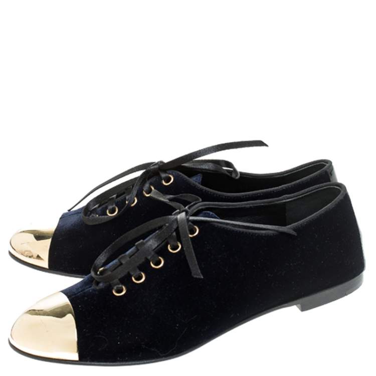 Pre Owned Giuseppe Zanotti Blue Velvet Gold Tone Cap Toe Oxford Flats Size 37.5