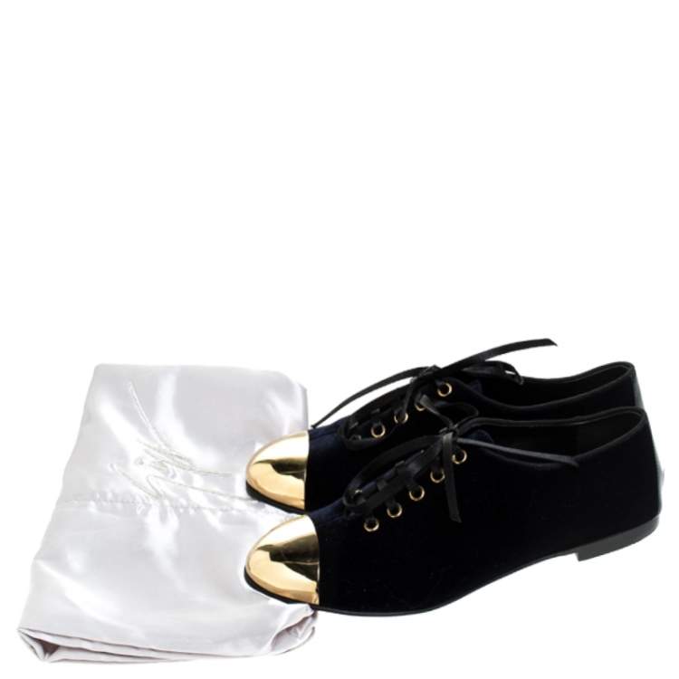 Pre Owned Giuseppe Zanotti Blue Velvet Gold Tone Cap Toe Oxford Flats Size 37.5