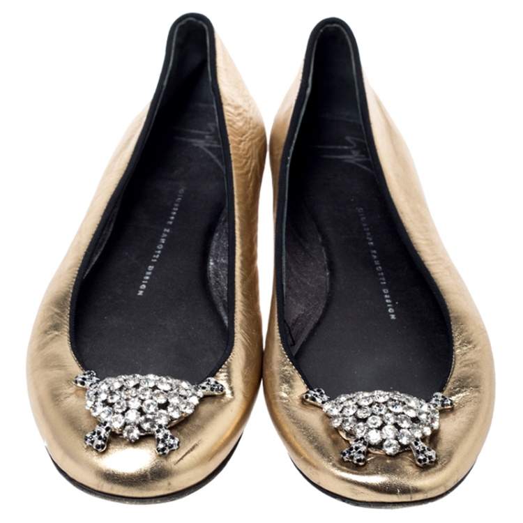 Pre Owned Giuseppe Zanotti Metallic Gold Leather Crystal Embellished Ballet Flats Size 38