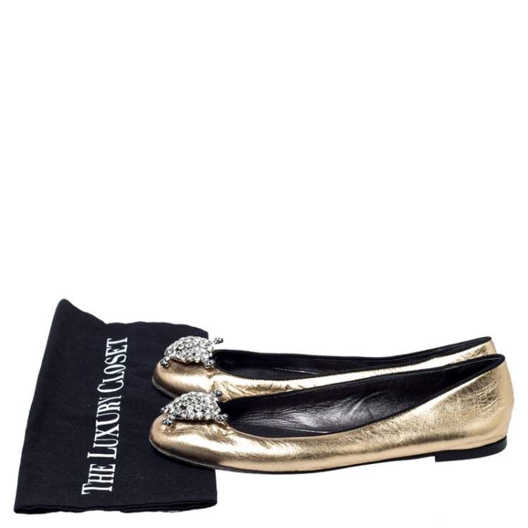 Pre Owned Giuseppe Zanotti Metallic Gold Leather Crystal Embellished Ballet Flats Size 38