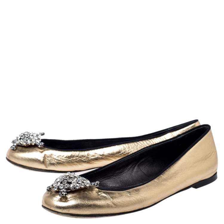Pre Owned Giuseppe Zanotti Metallic Gold Leather Crystal Embellished Ballet Flats Size 38