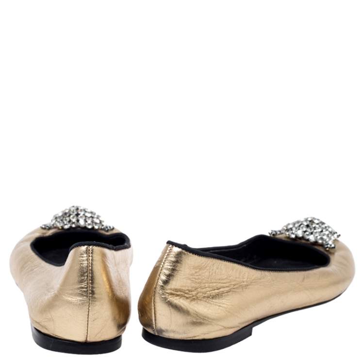 Pre Owned Giuseppe Zanotti Metallic Gold Leather Crystal Embellished Ballet Flats Size 38