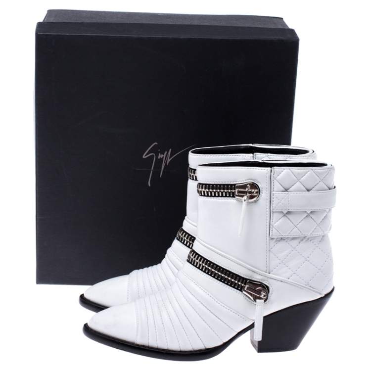 Pre Owned Giuseppe Zanotti White Quilted Leather Olinda Zipper Detail Ankle Boots Size 37.5