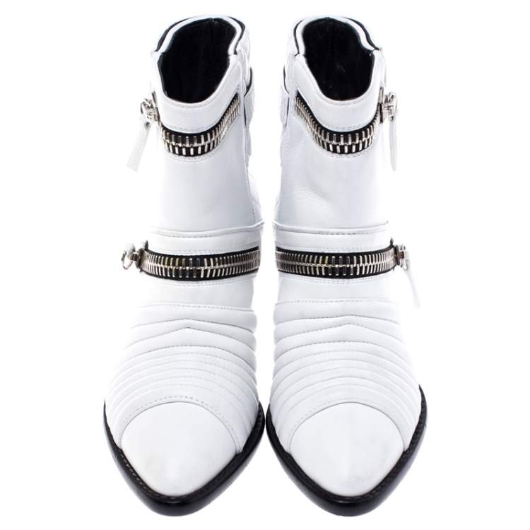 Pre Owned Giuseppe Zanotti White Quilted Leather Olinda Zipper Detail Ankle Boots Size 37.5