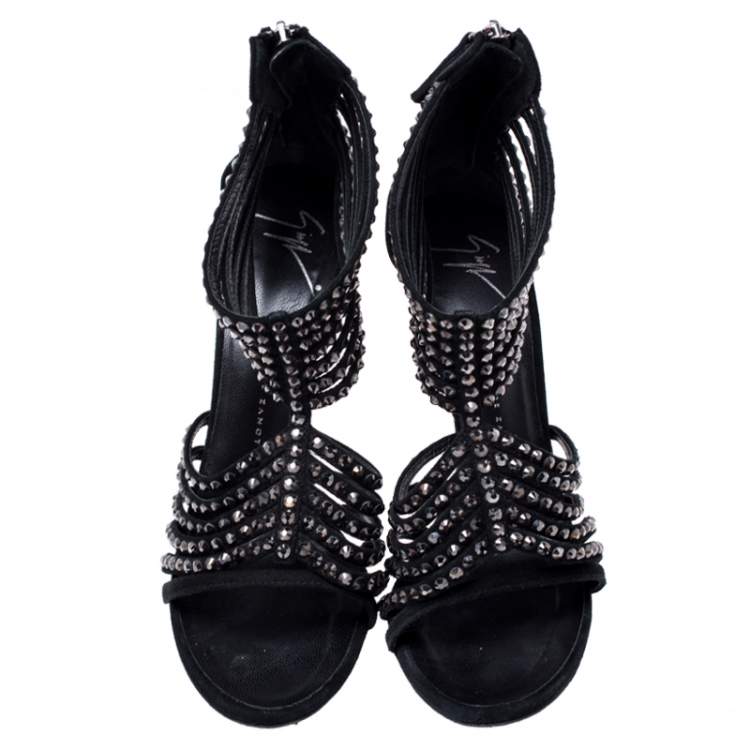 Pre Owned Giuseppe Zanotti Black Suede Embellished Strappy Sandals Size 36.5