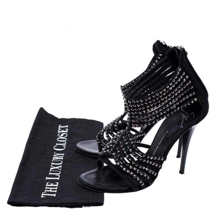Pre Owned Giuseppe Zanotti Black Suede Embellished Strappy Sandals Size 36.5