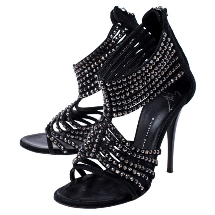 Pre Owned Giuseppe Zanotti Black Suede Embellished Strappy Sandals Size 36.5
