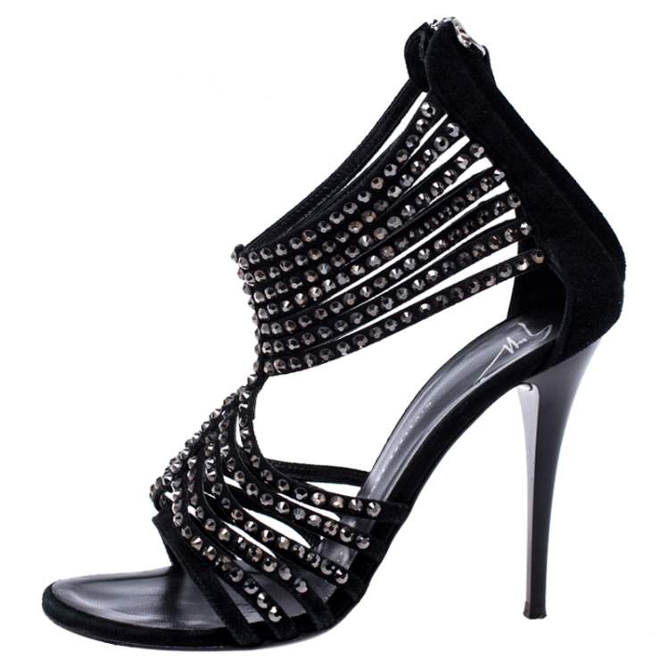 Pre Owned Giuseppe Zanotti Black Suede Embellished Strappy Sandals Size 36.5
