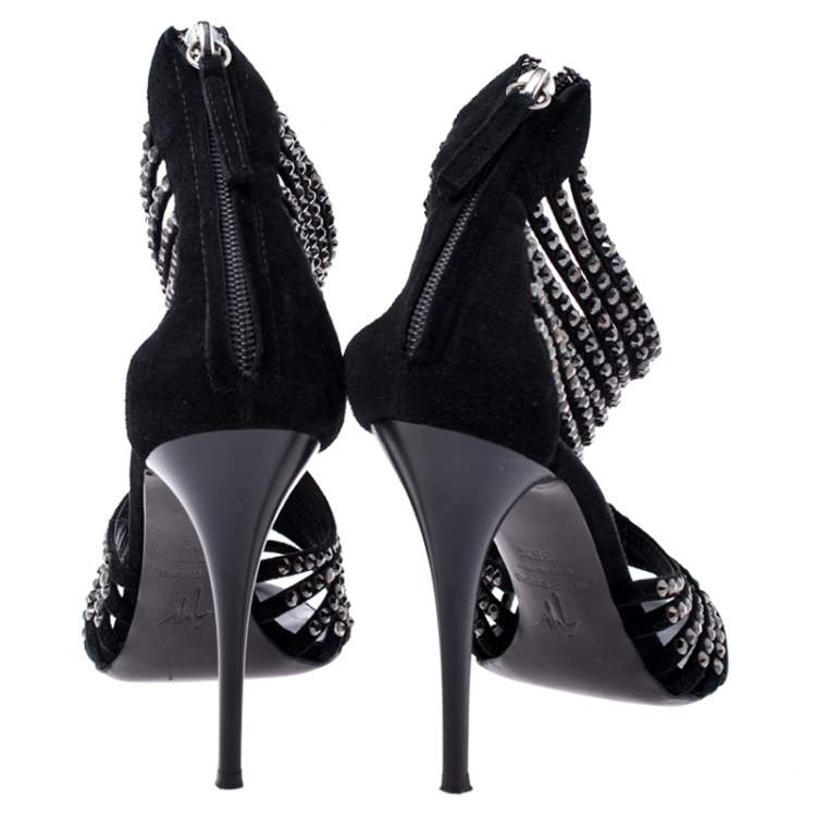 Pre Owned Giuseppe Zanotti Black Suede Embellished Strappy Sandals Size 36.5