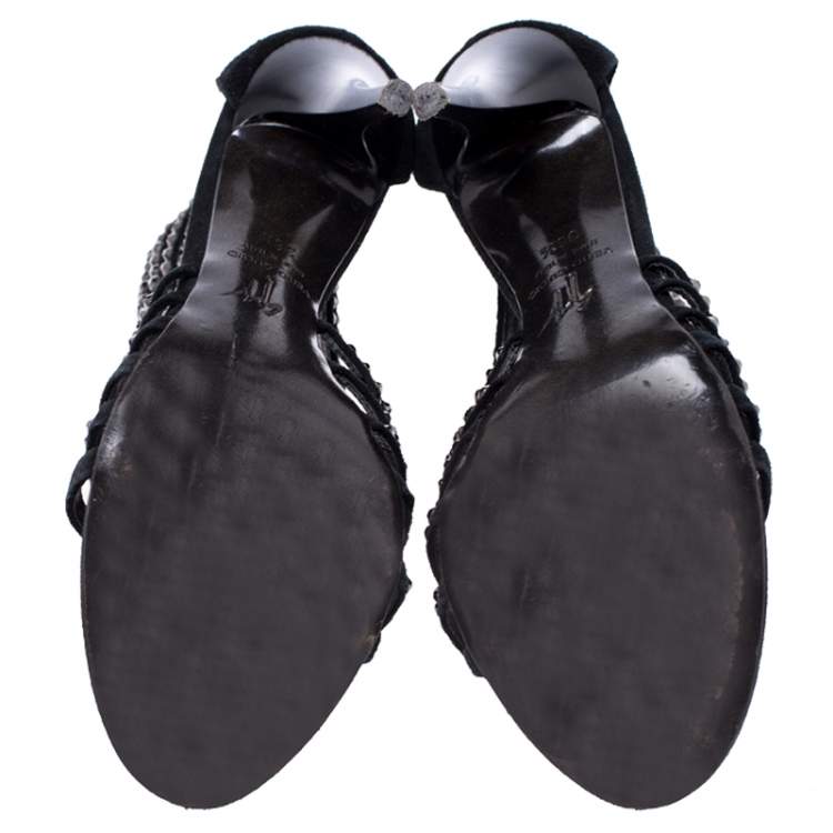 Pre Owned Giuseppe Zanotti Black Suede Embellished Strappy Sandals Size 36.5