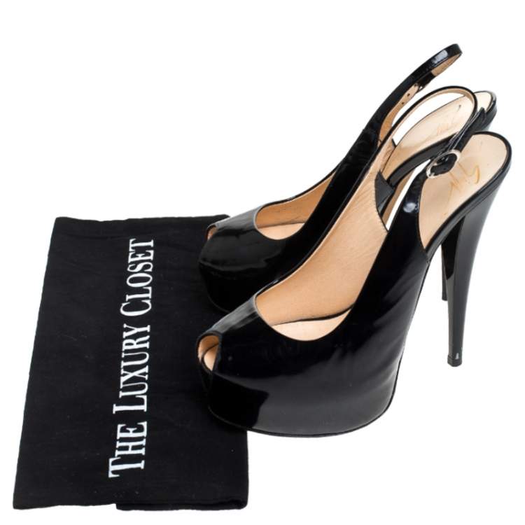 Pre Owned Giuseppe Zanotti Black Patent Leather Slingback Peep Toe Platform Sandals Size 37