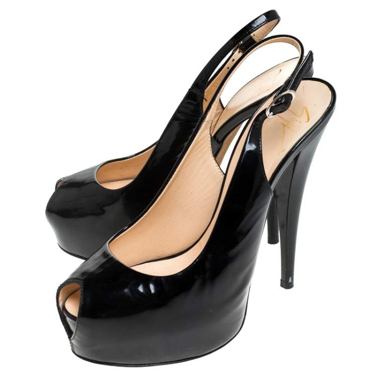 Pre Owned Giuseppe Zanotti Black Patent Leather Slingback Peep Toe Platform Sandals Size 37