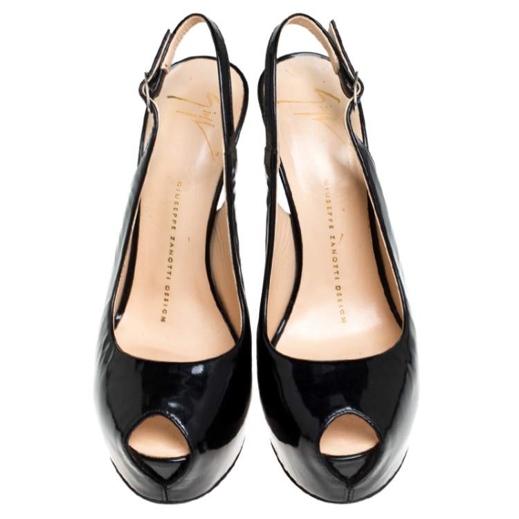Pre Owned Giuseppe Zanotti Black Patent Leather Slingback Peep Toe Platform Sandals Size 37