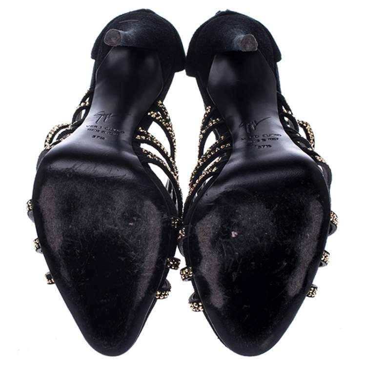 Pre Owned Giuseppe Zanotti Black Crystal Embellished Suede Cut Out Sandals Size 37.5