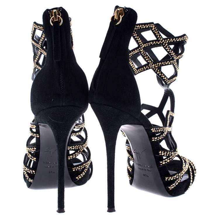 Pre Owned Giuseppe Zanotti Black Crystal Embellished Suede Cut Out Sandals Size 37.5