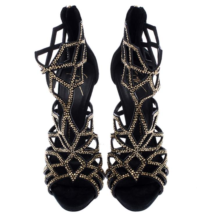 Pre Owned Giuseppe Zanotti Black Crystal Embellished Suede Cut Out Sandals Size 37.5