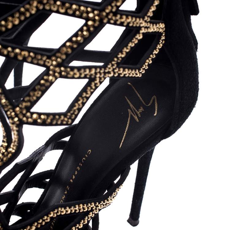 Pre Owned Giuseppe Zanotti Black Crystal Embellished Suede Cut Out Sandals Size 37.5