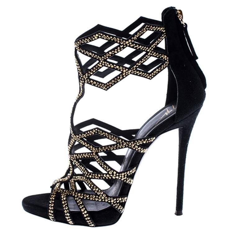Pre Owned Giuseppe Zanotti Black Crystal Embellished Suede Cut Out Sandals Size 37.5