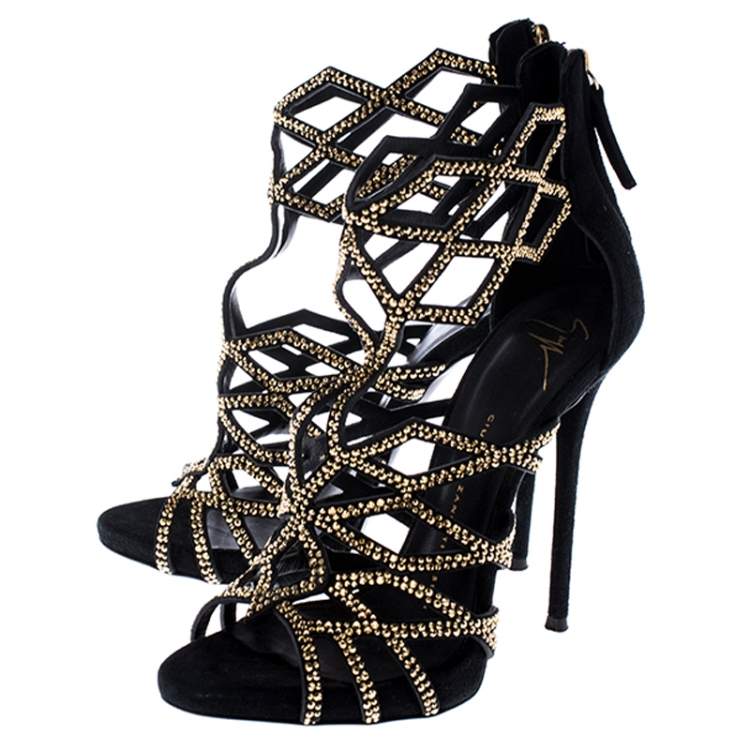 Pre Owned Giuseppe Zanotti Black Crystal Embellished Suede Cut Out Sandals Size 37.5