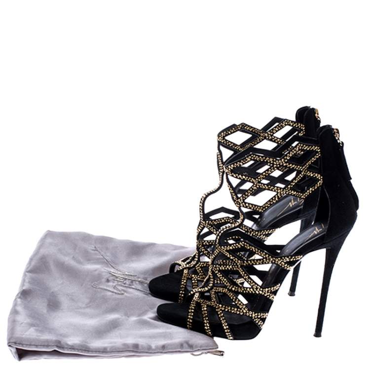 Pre Owned Giuseppe Zanotti Black Crystal Embellished Suede Cut Out Sandals Size 37.5