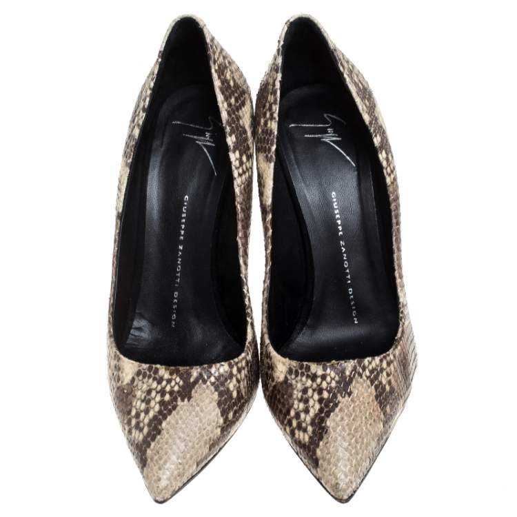 Pre Owned Giuseppe Zanotti Brown/Beige Python Embossed Leather Pointed Toe Pumps Size 39