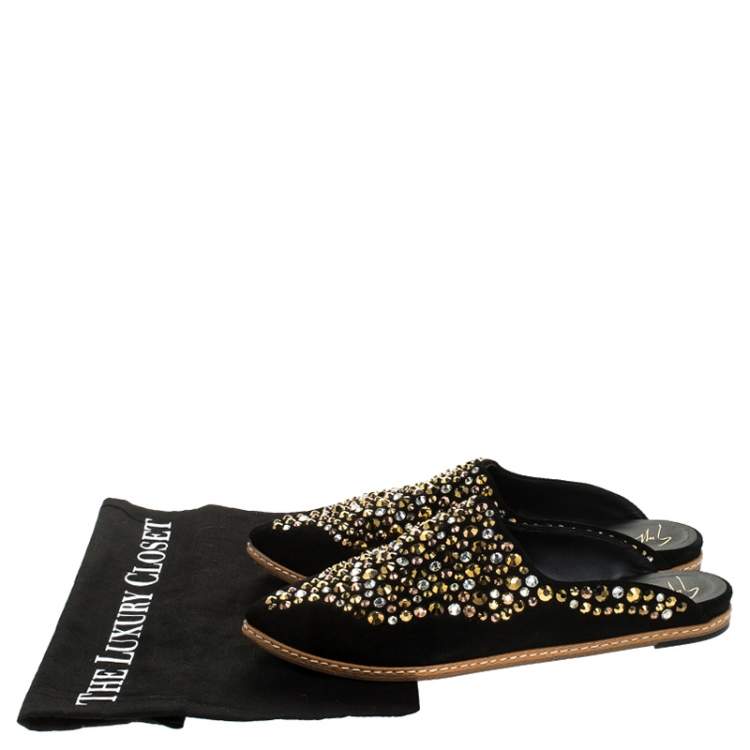 Pre Owned Giuseppe Zanotti Black Suede Leather Studded Pointed Toe Flat Mules Size 39