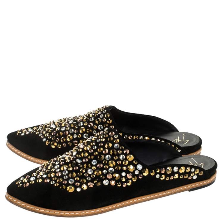 Pre Owned Giuseppe Zanotti Black Suede Leather Studded Pointed Toe Flat Mules Size 39