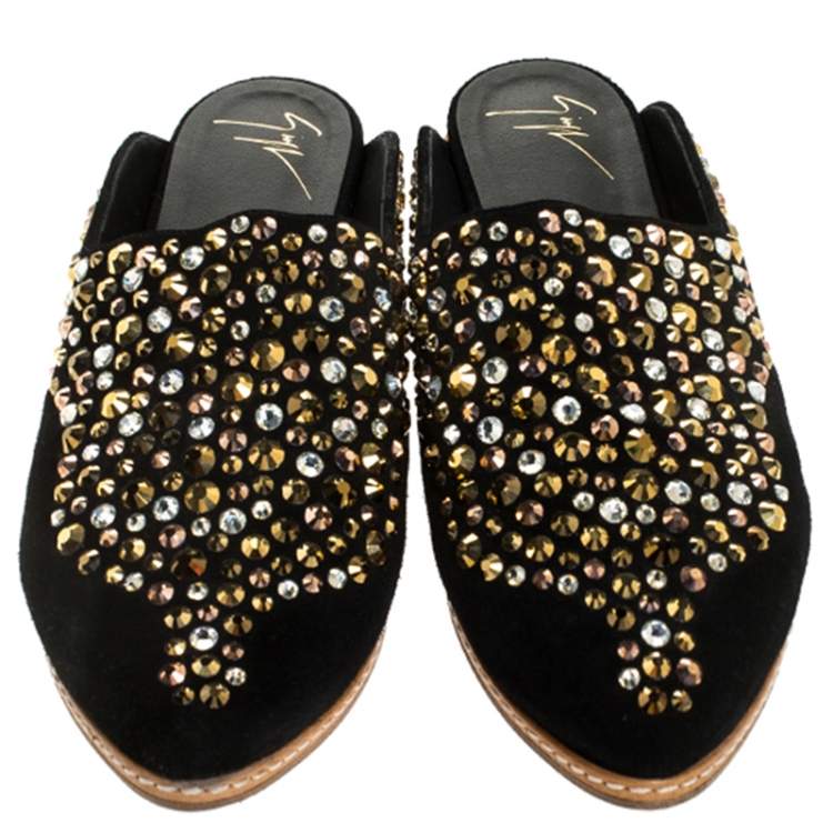Pre Owned Giuseppe Zanotti Black Suede Leather Studded Pointed Toe Flat Mules Size 39