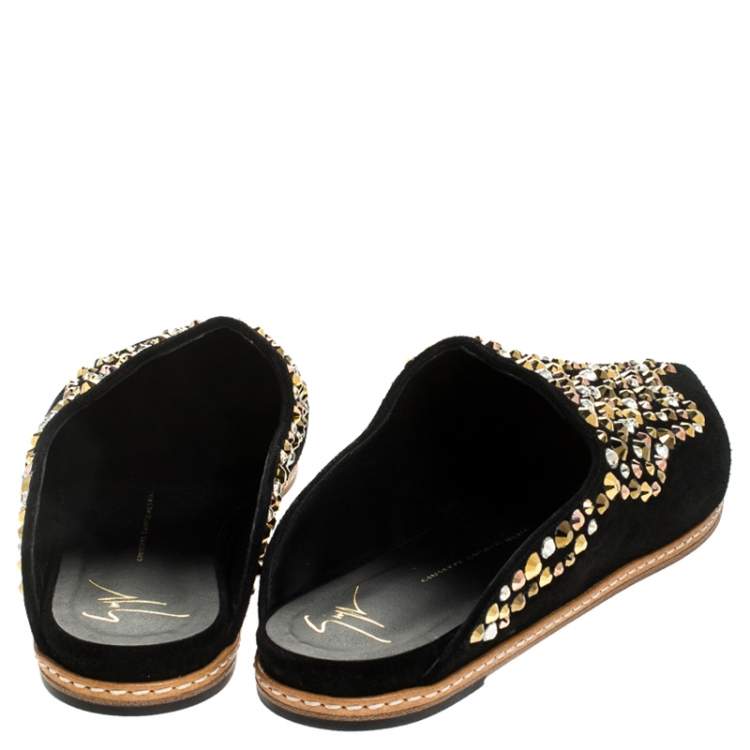 Pre Owned Giuseppe Zanotti Black Suede Leather Studded Pointed Toe Flat Mules Size 39