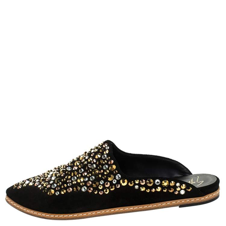 Pre Owned Giuseppe Zanotti Black Suede Leather Studded Pointed Toe Flat Mules Size 39