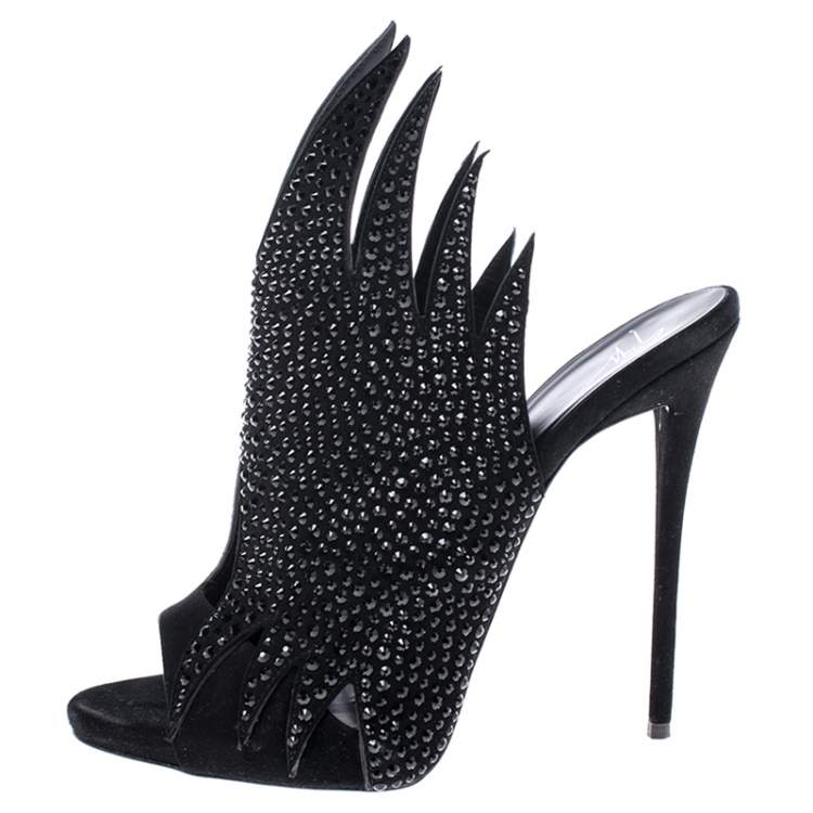 Pre Owned Giuseppe Zanotti Black Suede Crystal Embellished Open Toe Mule Sandals Size 39