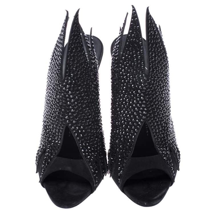 Pre Owned Giuseppe Zanotti Black Suede Crystal Embellished Open Toe Mule Sandals Size 39