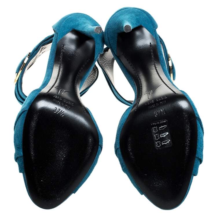 Pre Owned Giuseppe Zanotti Teal Suede Peep Toe Ringed Ankle Strap Sandals Size 37.5