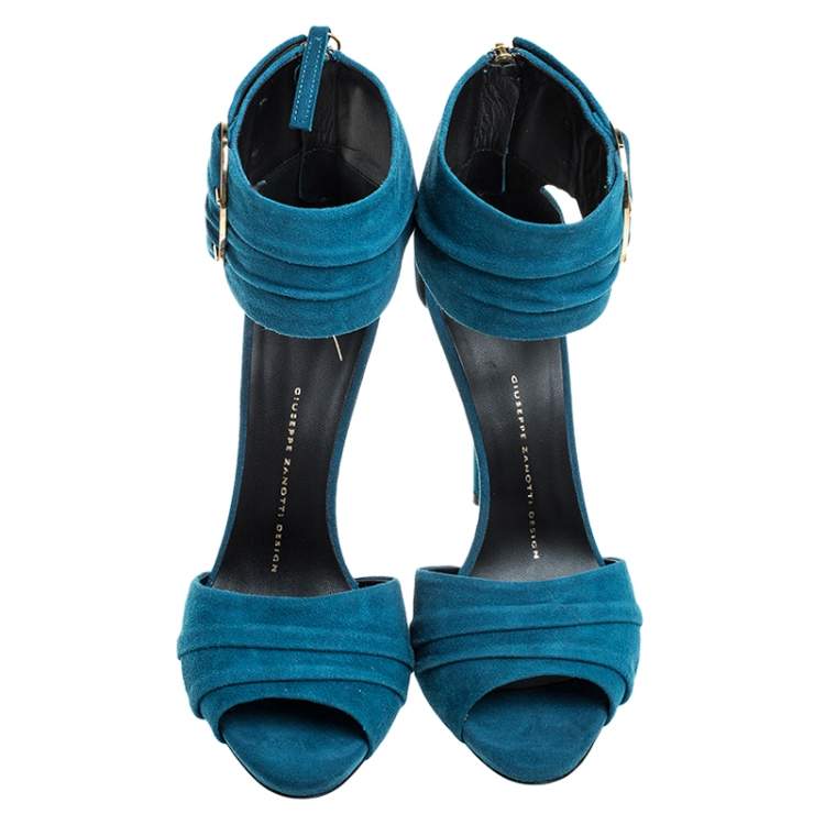 Pre Owned Giuseppe Zanotti Teal Suede Peep Toe Ringed Ankle Strap Sandals Size 37.5