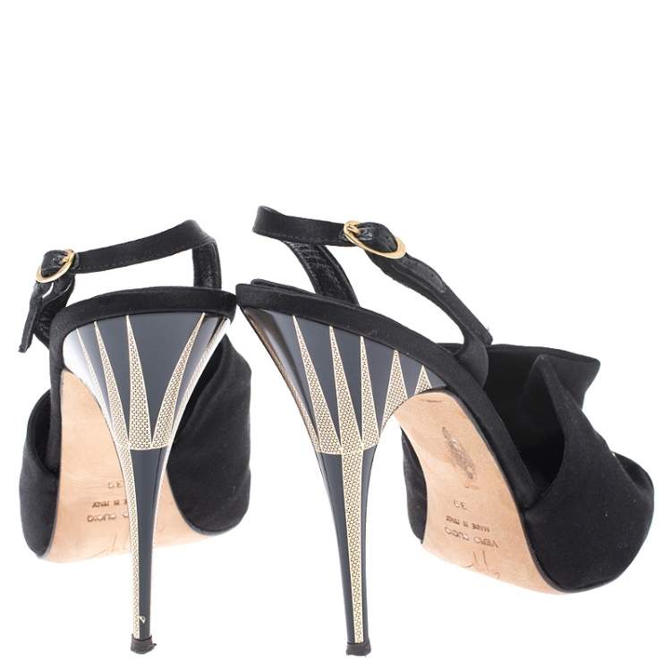 Pre Owned Giuseppe Zanotti Black Satin Bow Crystal Embellished Slingback Sandals Size 39